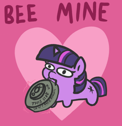 Size: 876x906 | Tagged: safe, artist:t72b, imported from derpibooru, twilight sparkle, bee, insect, pony, unicorn, danger, female, heart, holiday, landmine, mare, marelet, mouth hold, oh god no, pun, solo, squatpony, this will end in death, this will end in explosions, this will end in tears, this will end in tears and/or death, twiggie, unicorn twilight, valentine's day, valentine's day card, visual pun, war crime, weapon