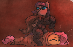 Size: 1273x826 | Tagged: safe, artist:t72b, imported from derpibooru, fluttershy, maud pie, earth pony, pony, sandworm, shai-hulud, blanket burrito, cape, clothes, dune, female, fremen, mare, maud'dib, parody, pun, science fiction, shy-hulud, sitting, spice, stillsuit, visual pun