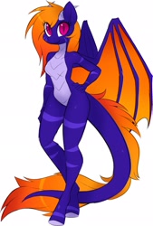 Size: 1381x2048 | Tagged: safe, artist:scarlet-spectrum, imported from derpibooru, oc, oc only, oc:violet flare, anthro, dracony, dragon, hybrid, pony, unguligrade anthro, colored sketch, commission, dragoness, eye clipping through hair, female, fluffy tail, hand on hip, looking at you, mare, simple background, sketch, solo, white background, wings