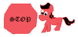 Size: 593x284 | Tagged: safe, artist:wren, oc, oc only, oc:shit stopper, earth pony, pony, blackletter, colt, drawthread, it's time to stop, male, ms paint, red and black oc, simple background, stop, stop sign, white background