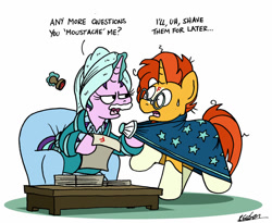 Size: 1024x839 | Tagged: safe, artist:bobthedalek, imported from derpibooru, starlight glimmer, sunburst, pony, unicorn, bathrobe, clothes, facial hair, female, grades, male, moustache, pajamas, paper, pun, robe, shipping, starburst, straight, sweat, sweatdrop, towel, towel on head, unamused