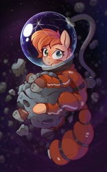 Size: 1060x1704 | Tagged: safe, artist:rexyseven, imported from derpibooru, oc, oc only, oc:rusty gears, earth pony, pony, :o, asteroid, female, freckles, helmet, heterochromia, looking at you, mare, open mouth, solo, space, spacesuit, tangible heavenly object