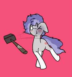 Size: 731x784 | Tagged: safe, artist:triplesevens, imported from ponybooru, oc, oc only, oc:triple sevens, pony, unicorn, bruised, gray coat, hammer, horn, injured, one eye closed, red background, simple background, solo, two toned mane, two toned tail, violence