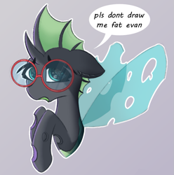 Size: 817x823 | Tagged: safe, artist:shepardinthesky, imported from ponybooru, oc, oc only, oc:yvette (evan555alpha), changeling, changeling oc, dialogue, dorsal fin, fangs, female, glasses, hooves to the chest, hooves together, hooves up, open mouth, ponybooru exclusive, round glasses, signature, simple background, solo, speech bubble, talking, talking to viewer, text