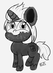 Size: 1916x2640 | Tagged: safe, artist:evan555alpha, imported from ponybooru, oc, oc only, oc:s.leech, unicorn, my little pony: pony life, big ears, big eyes, big head, big horn, black coat, cutie mark, ears, facial markings, female, horn, pentagram, pony life accurate, ponybooru exclusive, show accurate, signature, simple background, sketch, smiling, solo, white background, white mane, white tail