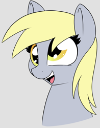 Size: 1484x1894 | Tagged: safe, artist:axlearts, imported from ponybooru, derpy hooves, pegasus, pony, bust, female, gray background, mare, open mouth, portrait, simple background, solo