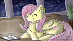 Size: 1920x1080 | Tagged: safe, artist:sharkdoggo, imported from derpibooru, fluttershy, pegasus, pony, cheek fluff, chest fluff, couch, cute, ear fluff, earbuds, female, mare, rain, shyabetes, solo, window