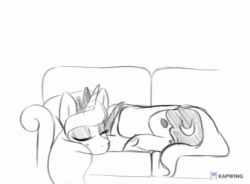 Size: 1280x942 | Tagged: safe, artist:bunchedupletters, artist:tjpones, imported from derpibooru, princess luna, twilight sparkle, alicorn, pony, unicorn, animated, animatic, behaving like a dog, cap, constellation freckles, couch, cute, cutie mark, ducktales, female, filly, filly twilight sparkle, freckles, hat, jewelry, lunabetes, mare, monochrome, regalia, simple background, sleeping, sound, this will end in a trip to the moon, twiabetes, twiggie, vibrating, webm, younger