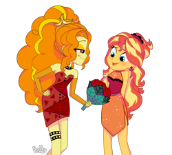 Size: 2198x1977 | Tagged: safe, artist:salty, imported from derpibooru, adagio dazzle, sunset shimmer, equestria girls, bare shoulders, bouquet, clothes, date, dress, duo, ear piercing, earring, female, flower, jewelry, lesbian, piercing, rose, ship, shipping, simple background, sleeveless, strapless, sunsagio, transparent background