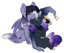 Size: 1201x1000 | Tagged: safe, artist:cosmalumi, artist:its-gloomy, imported from derpibooru, oc, oc only, oc:mystic nightfall, oc:salacious allusion, bat pony, pegasus, bat pony oc, bat wings, bow, choker, clothes, commission, couple, cute, duo, duo female, eyebrows, eyebrows visible through hair, eyes closed, female, females only, freckles, hat, holiday, jewelry, lesbian, looking at each other, love, nail polish, necklace, nuzzling, oc x oc, pegasus oc, scarf, shipping, signature, simple background, sitting, snuggling, transparent background, valentine's day, weapons-grade cute, wings, witch hat, wizard hat, ych result