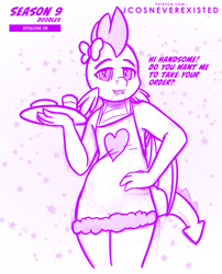 Size: 827x1024 | Tagged: safe, artist:jcosneverexisted, imported from derpibooru, spike, anthro, dragon, the point of no return, apron, clothes, dialogue, femboy, looking at you, male, pose, season 9 doodles, solo, text