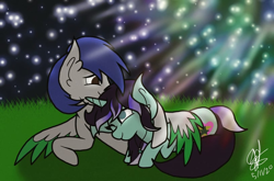 Size: 816x540 | Tagged: safe, artist:aquabright0219, imported from derpibooru, oc, oc only, oc:aqua bright, pegasus, pony, unicorn, ear fluff, female, horn, hug, jewelry, male, mare, necklace, night, one eye closed, outdoors, pegasus oc, signature, smiling, stallion, stars, two toned wings, unicorn oc, winghug, wings, wink