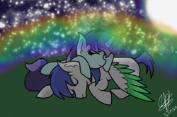 Size: 1632x1080 | Tagged: safe, artist:aquabright0219, imported from derpibooru, oc, oc only, oc:aqua bright, pegasus, pony, unicorn, ear fluff, eyes closed, female, horn, hug, male, mare, night, outdoors, pegasus oc, rainbow, signature, smiling, stallion, stars, two toned wings, unicorn oc, wings