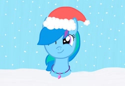 Size: 750x516 | Tagged: safe, artist:lillycloudart, imported from derpibooru, oc, oc only, oc:lily cloud, pegasus, pony, bust, christmas, eyelashes, female, hat, holiday, jewelry, mare, necklace, one eye closed, pegasus oc, santa hat, smiling, snow, solo, wings, wink