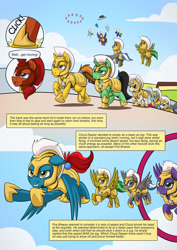 Size: 1280x1811 | Tagged: safe, artist:mysticalpha, imported from derpibooru, oc, oc:captain sunride, oc:cloud zapper, oc:fire breeze, oc:meteor sparkle, oc:star blazer, pegasus, pony, comic:cloud zapper and the helm of chaos, armor, endurance test, female, flying, guardsmare, helmet, mare, military, royal guard, royal guard armor, stamina test, training