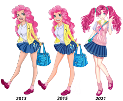 Size: 5017x4092 | Tagged: safe, artist:erim-kawamori, imported from derpibooru, pinkie pie, human, 2013, 2015, 2021, alternate hairstyle, bag, blushing, breasts, clothes, coat, comparison, female, flats, humanized, mary janes, open mouth, peace sign, shirt, shoes, simple background, skirt, socks, solo, transparent background, vest