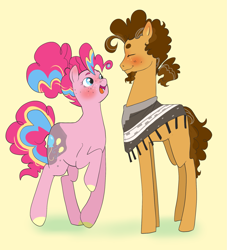 Size: 1749x1922 | Tagged: safe, artist:aztrial, imported from derpibooru, cheese sandwich, pinkie pie, earth pony, beard, blushing, cheesepie, clothes, facial hair, female, freckles, male, older, older cheese sandwich, older pinkie pie, poncho, ponytail, shipping, straight