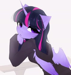 Size: 1941x2048 | Tagged: safe, artist:magnaluna, imported from derpibooru, twilight sparkle, alicorn, anthro, clothes, cute, ear fluff, eyelashes, eyeshadow, hoodie, leaning, looking at you, looking back, looking back at you, makeup, nail polish, rear view, solo, twiabetes, twilight sparkle (alicorn)