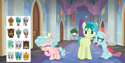 Size: 1024x515 | Tagged: safe, imported from derpibooru, cozy glow, gallus, ocellus, sandbar, silverstream, smolder, yona, changedling, changeling, earth pony, pegasus, pony, abuse, evil grin, female, grin, looking at each other, male, mash'ems, merchandise, missing, ocellabuse, sandabuse, smiling, stack'ems, student six, toy