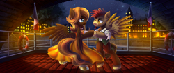 Size: 5000x2121 | Tagged: safe, artist:atlas-66, imported from derpibooru, oc, oc:caramel breeze, oc:sentinel, pegasus, pony, boat, city, clothes, dress, female, flag, france, looking at each other, male, mare, night, oc x oc, shipping