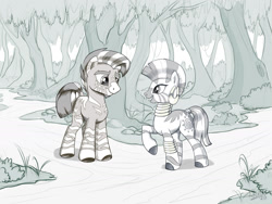 Size: 1800x1350 | Tagged: safe, artist:sirzi, imported from derpibooru, zecora, oc, oc:fausto, zebra, bracelet, canon x oc, commission, ear piercing, earring, female, forest, grayscale, jewelry, looking at each other, male, mare, monochrome, neck rings, piercing, quadrupedal, signature, smiling, stallion, zebra oc