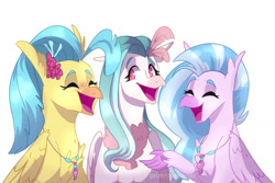 Size: 1280x854 | Tagged: safe, artist:primrosepaper, imported from derpibooru, princess skystar, silverstream, oc, hippogriff, my little pony: the movie, eyes closed, female, flower, flower in hair, hippogriff oc, signature, trio, trio female