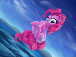 Size: 4000x3000 | Tagged: safe, artist:flusanix, imported from derpibooru, pinkie pie, earth pony, pony, female, floating, mare, ocean, pinkie being pinkie, ponk, signature, sky, smiling, solo