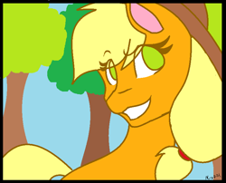 Size: 760x614 | Tagged: safe, artist:mscolorsplash, imported from derpibooru, applejack, earth pony, pony, colored, female, flat colors, mare, no pupils, solo, tree