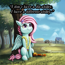 Size: 2896x2896 | Tagged: safe, artist:sigilponies, edit, imported from derpibooru, kerfuffle, pegasus, pony, absurd file size, amputee, cute, female, fufflebetes, happy, inspiration, mare, positive body image, prosthetic leg, prosthetic limb, prosthetics, smiling, solo, spread wings, text edit, tree, wings