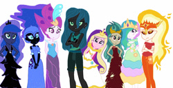 Size: 1280x654 | Tagged: safe, artist:evergreen2024, imported from derpibooru, daybreaker, nightmare moon, princess cadance, princess celestia, princess luna, queen chrysalis, queen novo, rain shine, equestria girls, my little pony: the movie, :j, base used, c:, equestria girls-ified, smiling