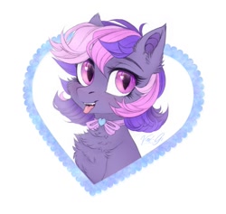 Size: 1135x1075 | Tagged: safe, artist:vird-gi, imported from derpibooru, oc, oc only, oc:midnight mist, bat pony, pony, bow, bowtie, cheek fluff, chest fluff, cute, ear fluff, fangs, female, looking at you, mare, smiling, solo, tongue out