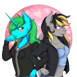 Size: 3000x3000 | Tagged: safe, artist:shamy-crist, imported from derpibooru, oc, oc only, anthro, pegasus, unicorn, belly button, blushing, breasts, cleavage, clothes, female, horn, jacket, looking at each other, wings