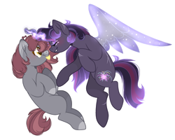 Size: 900x719 | Tagged: safe, artist:magicallightsentryyt, imported from derpibooru, oc, oc only, oc:midnight starfire, oc:stone heart, pony, unicorn, artificial wings, augmented, base used, female, magic, magic wings, mare, offspring, parent:maud pie, parent:mud briar, parent:tempest shadow, parents:maudbriar, simple background, tongue out, transparent background, wings