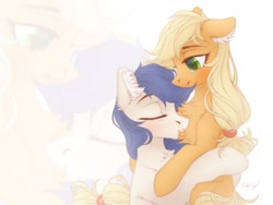 Size: 1600x1200 | Tagged: safe, artist:vird-gi, imported from derpibooru, applejack, oc, oc:constance everheart, earth pony, pony, canon x oc, chest fluff, cuddling, ear fluff, everjack, eyes closed, female, hug, male, shipping, smiling, straight, zoom layer