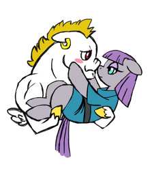 Size: 684x778 | Tagged: safe, artist:sinjaaussiaangels, imported from derpibooru, bulk biceps, maud pie, earth pony, pegasus, pony, blushing, boop, bridal carry, carrying, female, holding a pony, looking into each others eyes, male, mare, maudceps, noseboop, shipping, simple background, stallion, straight, white background