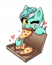 Size: 1526x1914 | Tagged: safe, artist:confetticakez, imported from derpibooru, lyra heartstrings, pony, unicorn, blushing, cheese pizza, cute, female, food, heart, heart eyes, l.u.l.s., looking at you, lyrabetes, mare, one eye closed, pizza, slice of pizza, solo, tomato, tomato pizza, weapons-grade cute, wingding eyes, wink