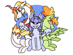 Size: 1024x768 | Tagged: safe, artist:shinzu99, imported from derpibooru, oc, oc only, oc:helios, oc:maple cider, oc:velvet eventide, draconequus, hybrid, pegasus, pony, interspecies offspring, magical lesbian spawn, next generation, offspring, parent:applejack, parent:discord, parent:flash sentry, parent:princess celestia, parent:rainbow dash, parent:twilight sparkle, parents:appledash, parents:dislestia, parents:flashlight, simple background, white background