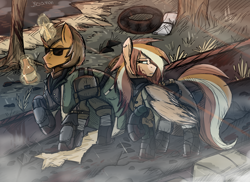 Size: 4096x2977 | Tagged: source needed, useless source url, safe, artist:besomb1tch, imported from derpibooru, oc, pegasus, unicorn, fallout equestria, desert, enclave, foe, sketch