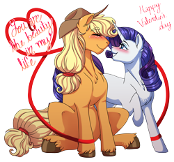 Size: 3454x3200 | Tagged: safe, artist:jack-pie, imported from derpibooru, applejack, rarity, blushing, eyes closed, female, holiday, lesbian, one hoof raised, raised hoof, rarijack, shipping, simple background, sitting, transparent background, valentine's day