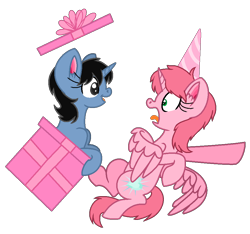 Size: 940x878 | Tagged: safe, artist:muhammad yunus, artist:tanahgrogot, imported from derpibooru, oc, oc:siti shafiyyah, alicorn, pony, unicorn, aelita schaeffer, base used, box, code lyoko, duo, duo female, female, happy birthday, hat, open mouth, party hat, ponified, simple background, transparent background