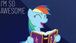 Size: 1920x1080 | Tagged: safe, edit, edited screencap, editor:quoterific, imported from derpibooru, screencap, rainbow dash, pegasus, pony, fame and misfortune, book, eyes closed, female, narcissism, open mouth, solo