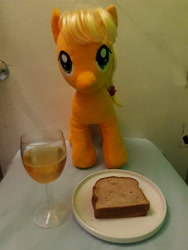 Size: 3096x4128 | Tagged: safe, imported from derpibooru, applejack, build-a-bear, cider, food, glass, hearts and hooves day, holiday, irl, otaku date, photo, plushie, sandwich, table, toy, valentine's day, waifu dinner