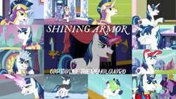 Size: 1975x1112 | Tagged: safe, edit, edited screencap, editor:quoterific, imported from derpibooru, screencap, bon bon, cherry cola, cherry fizzy, doctor whooves, eclair créme, jangles, north star, orion, shining armor, shooting star (character), spring melody, sprinkle medley, star gazer, sweetie drops, time turner, twilight sparkle, alicorn, pony, unicorn, a canterlot wedding, a flurry of emotions, best gift ever, equestria games (episode), games ponies play, magical mystery cure, once upon a zeppelin, sparkle's seven, the beginning of the end, the crystal empire, the crystalling, the times they are a changeling, twilight's kingdom, angry, armor, cap, crown, crystal guard, crystal guard armor, duo, element of magic, female, glowing horn, gritted teeth, hat, horn, jewelry, laser, magic, magic aura, male, motion sickness, open mouth, regalia, royal guard, running, stallion, teeth, throne room