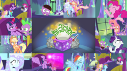 Size: 1974x1111 | Tagged: safe, edit, edited screencap, editor:quoterific, imported from derpibooru, screencap, applejack, fluttershy, pinkie pie, rainbow dash, rarity, spike, twilight sparkle, alicorn, dragon, earth pony, pegasus, pony, unicorn, ail-icorn, spoiler:interseason shorts, age regression, angry, applejack's hat, baby, baby pony, babylight sparkle, cowboy hat, crying, crylight sparkle, dashie mcboing boing, eyes closed, female, floatyjack, fluttercold, freezing, hat, laser, male, mane six, open mouth, potion, red nose, sicklight sparkle, sneezing, thermometer, tissue, tissue box, twilight sparkle (alicorn), twilight's castle, younger