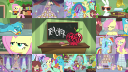 Size: 1974x1111 | Tagged: safe, edit, edited screencap, editor:quoterific, imported from derpibooru, screencap, angel bunny, applejack, auburn vision, berry blend, berry bliss, citrine spark, fire quacker, fluttershy, gallus, huckleberry, november rain, ocellus, peppermint goldylinks, rainbow dash, sandbar, silverstream, smolder, yona, dragon, earth pony, griffon, hippogriff, pegasus, pony, rabbit, yak, teacher of the month (episode), spoiler:interseason shorts, animal, apple, applejack's hat, chalkboard, cheering, cowboy hat, dragoness, duo, duo female, eraser, eyes closed, female, fluttershy is not amused, flying, food, friendship student, hat, hug, male, open mouth, pencil, school of friendship, student six, trio, trio female, unamused