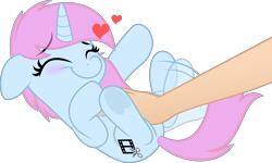 Size: 5000x3002 | Tagged: safe, artist:jhayarr23, imported from derpibooru, oc, oc:candy glee, oc:tylad, unicorn, bellyrubs, female, floppy ears, hand, heart, leg twitch, twitching, underhoof