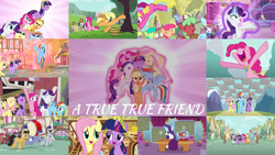 Size: 1974x1111 | Tagged: safe, edit, edited screencap, editor:quoterific, imported from derpibooru, screencap, alula, applejack, berry punch, berryshine, blue buck, cherry berry, cherry cola, cherry fizzy, cinnamon swirl, daisy, deep blue, diamond mint, flower wishes, fluttershy, green jewel, lemon hearts, linky, lucky clover, mochaccino, orange blossom, pinkie pie, pluto, ponet, prim posy, rainbow dash, rare find, rarity, shoeshine, spike, tropical spring, twilight sparkle, welly, dragon, earth pony, pegasus, pony, unicorn, magical mystery cure, season 3, a true true friend, applejack's hat, bass drum, big crown thingy, carousel boutique, cowboy hat, element of generosity, element of honesty, element of kindness, element of laughter, element of loyalty, element of magic, eyes closed, female, fluttershy's cottage, glowing horn, hat, horn, jewelry, magic, magic aura, male, mane seven, mane six, nose in the air, open mouth, pinkamena diane pie, regalia, singing, swapped cutie marks, unicorn twilight