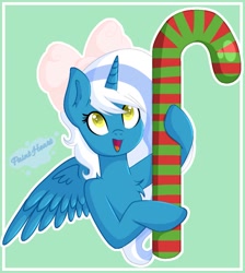 Size: 869x970 | Tagged: safe, artist:paint-heart86, imported from derpibooru, oc, oc:fleurbelle, alicorn, alicorn oc, bow, candy, candy cane, chest fluff, female, food, green background, hair bow, holding, horn, mare, simple background, wings, yellow eyes