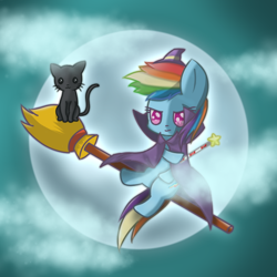 Size: 650x650 | Tagged: safe, imported from derpibooru, rainbow dash, cat, broom, cape, clothes, eyes open, hat, moon, solo, staff, witch, witch hat