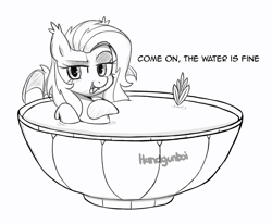 Size: 1382x1141 | Tagged: safe, artist:handgunboi, imported from derpibooru, fluttershy, bat pony, pegasus, pony, bat ponified, bat soup, bowl, dialogue, female, flutterbat, food, looking at you, mare, race swap, solo, soup, talking to viewer